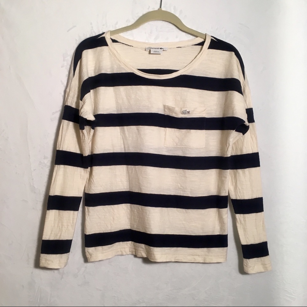 Lacoste Black and Cream Striped Top with Pocket